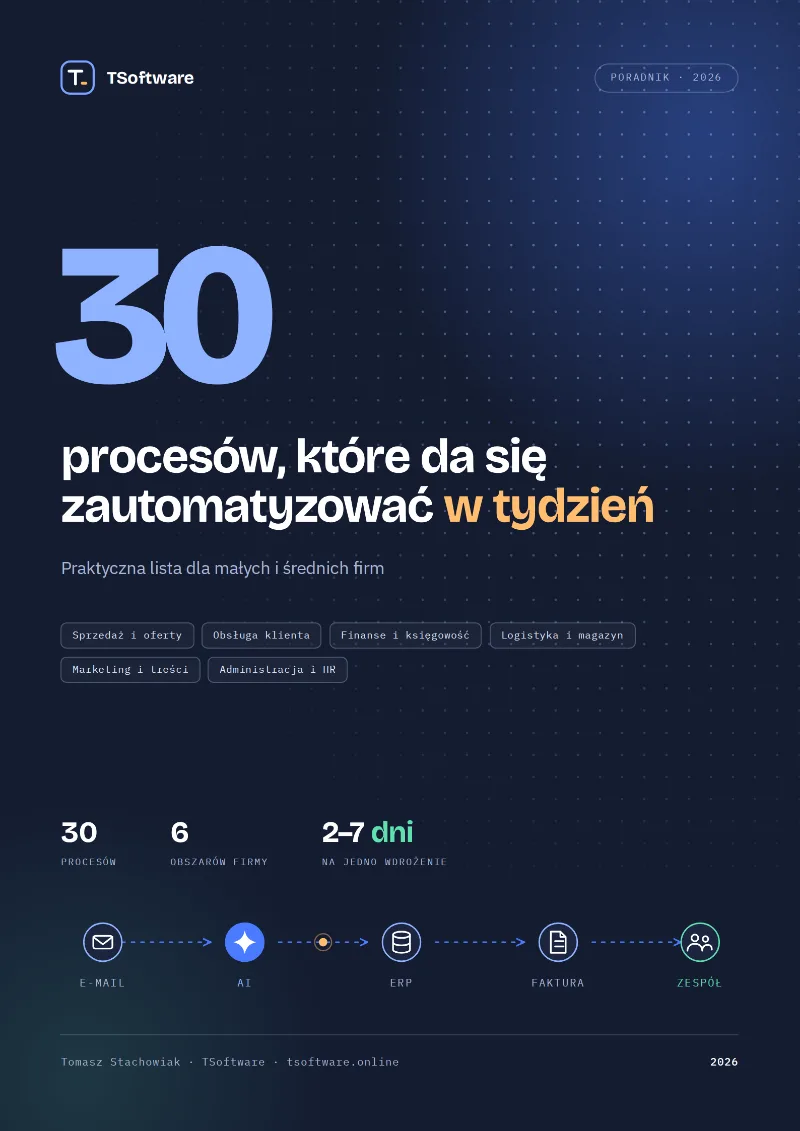 Okładka PDF „30 procesów, które da się zautomatyzować w tydzień” — poradnik TSoftware
